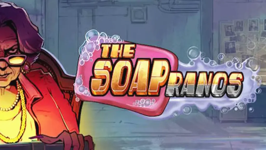 Interface do jogo de slot Soapranos com luzes neon e elementos temáticos