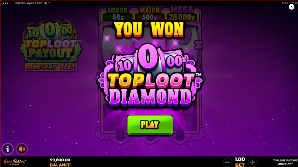 Interface do jogo TopLoot Payout LineNPay com elementos de tesouro e ouro.