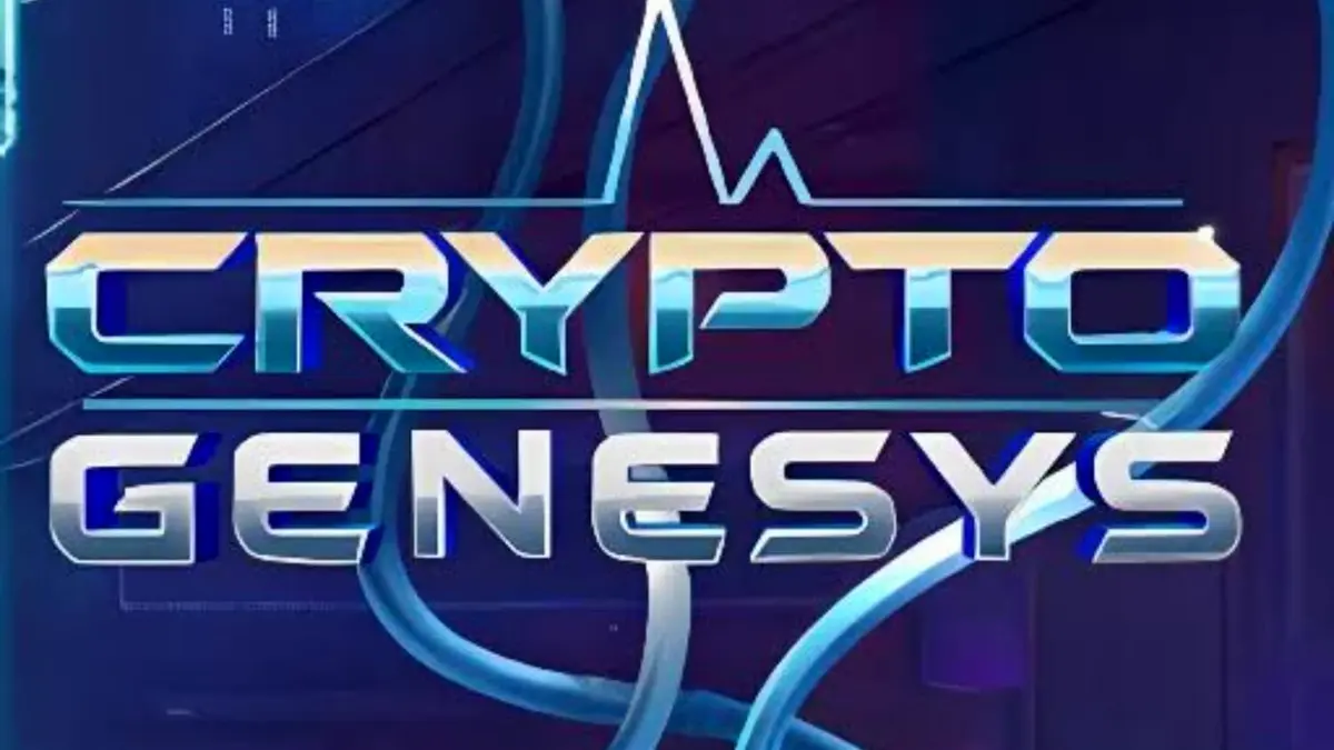 Interface futurista do slot Crypto Genesys com tema cyberpunk e símbolos de criptomoedas.